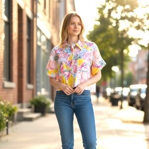 Women's Summer Fruit Print Buttoned Crop Top, Size Medium